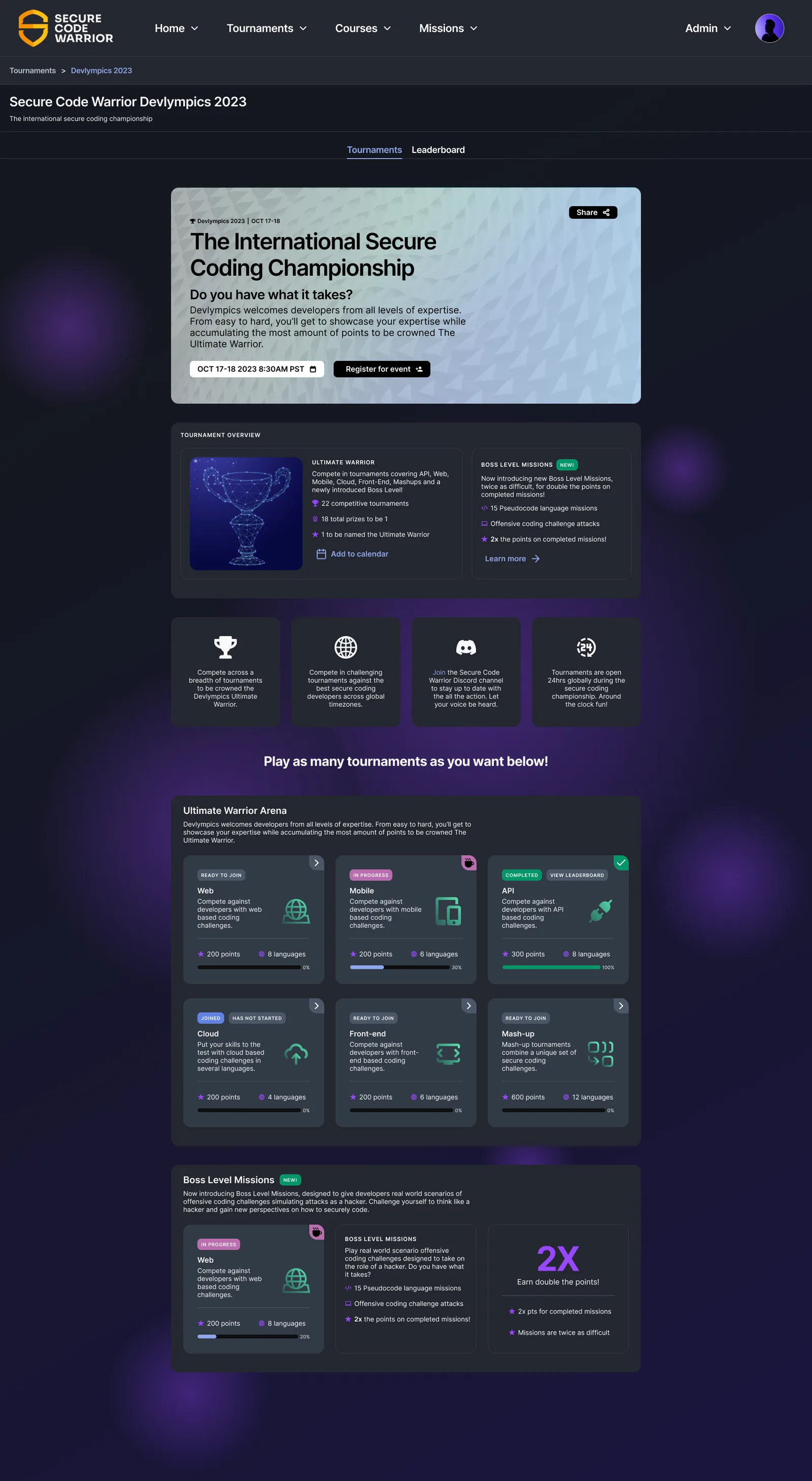 Devlympics 2023 — the landing page as shipped. Every tournament card carries its state and its progress.