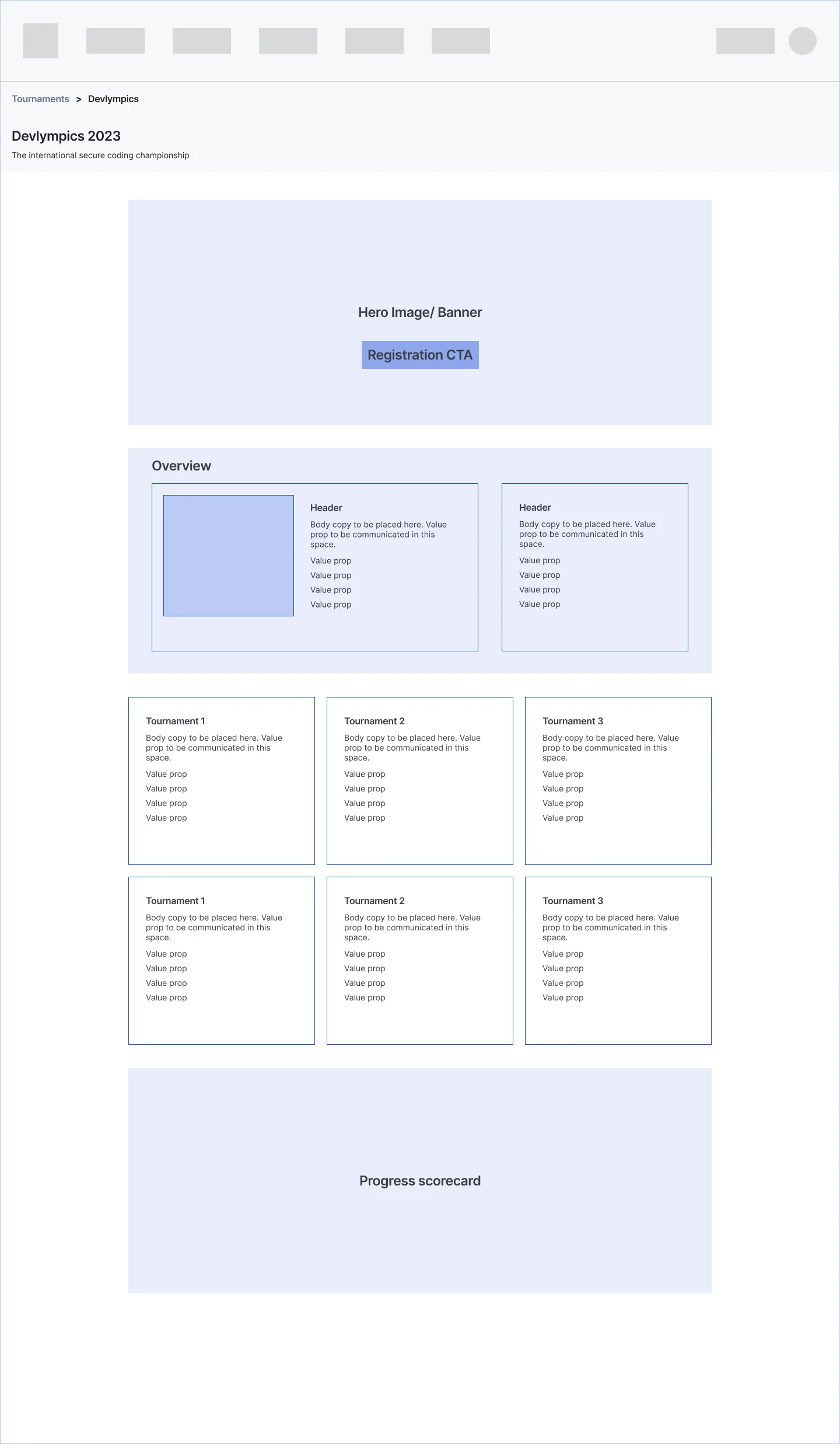 Landing page wireframe — the structure was agreed before any visual design existed.